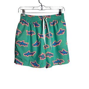 Chubbies Mens Medium Swim Trunks Shark Print Green Adjustable Drawstring 5.5" In
